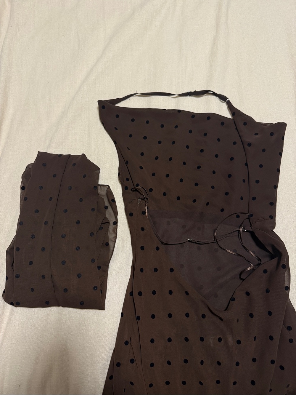 Zara Brown Polka-Dot Halter Dress with Draped Back - Picture 3 of 6